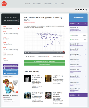 Management Accounting course interface with lessons and resources on a white background