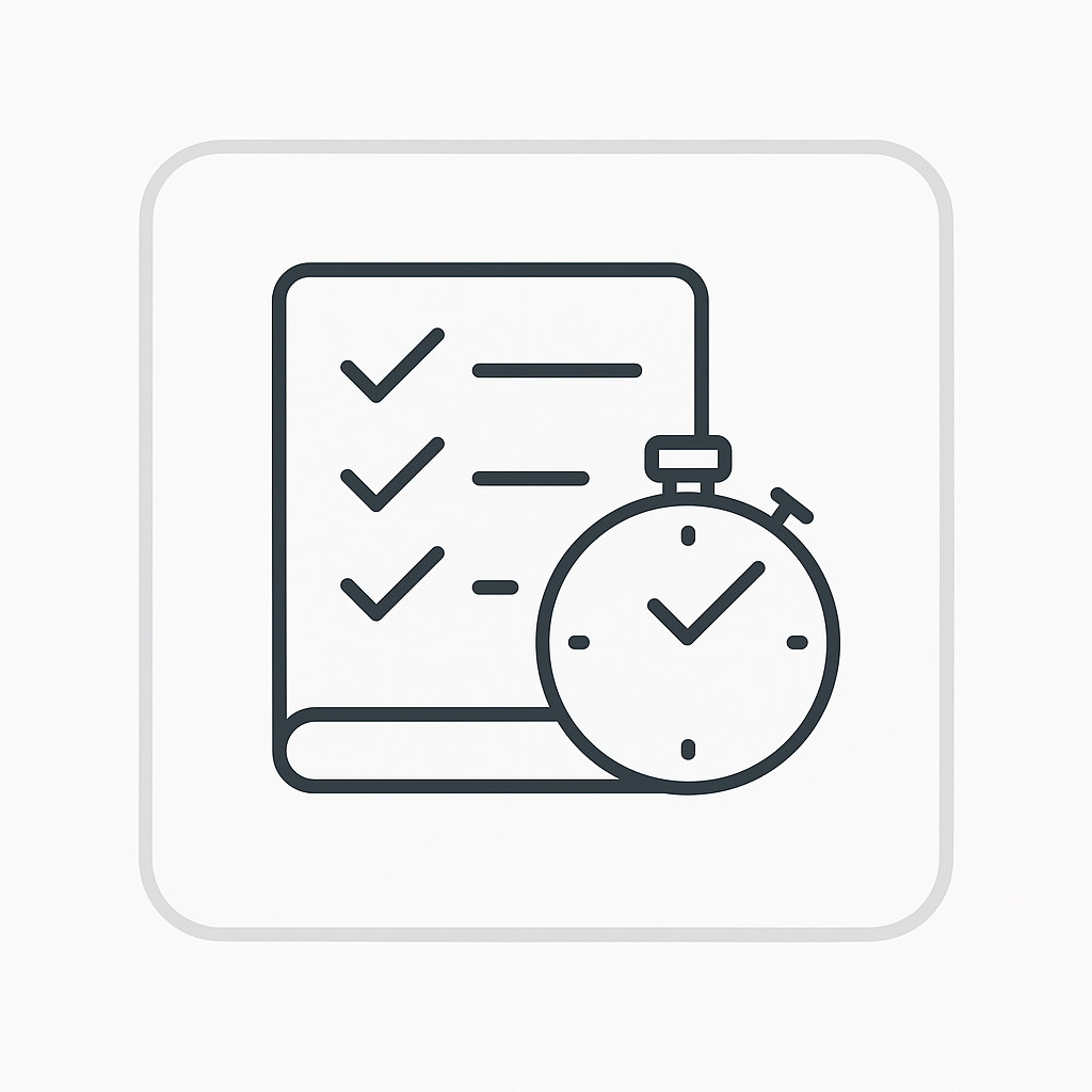 Icon of a checklist with a stop clock, symbolizing time management.
