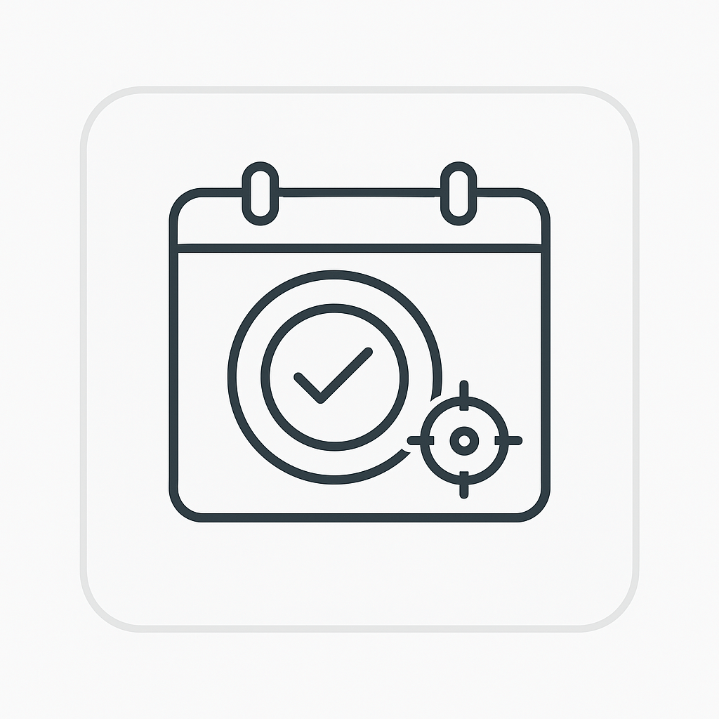 Calendar icon with a checkmark and target symbol on a white background