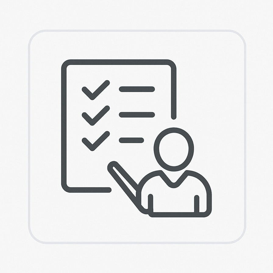 Icon of a person reviewing a checklist on a white background