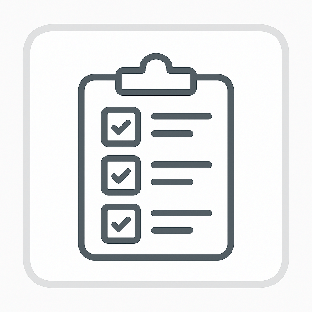 Icon of a clipboard with checkmarks and checkboxes on a white background