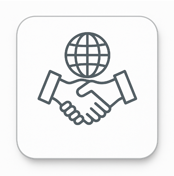 Minimalist icon showing a handshake beneath a globe — symbolising global trust, collaboration, and partnership — representing Proven Partnerships on ExP’s Businesses page.
