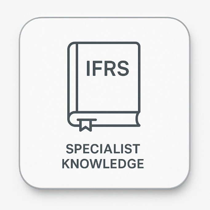 Minimalist icon showing a book labelled ‘IFRS’ with a small bookmark — representing expertise in International Financial Reporting Standards — illustrating Specialist Knowledge on ExP’s DipIFR courses page.
