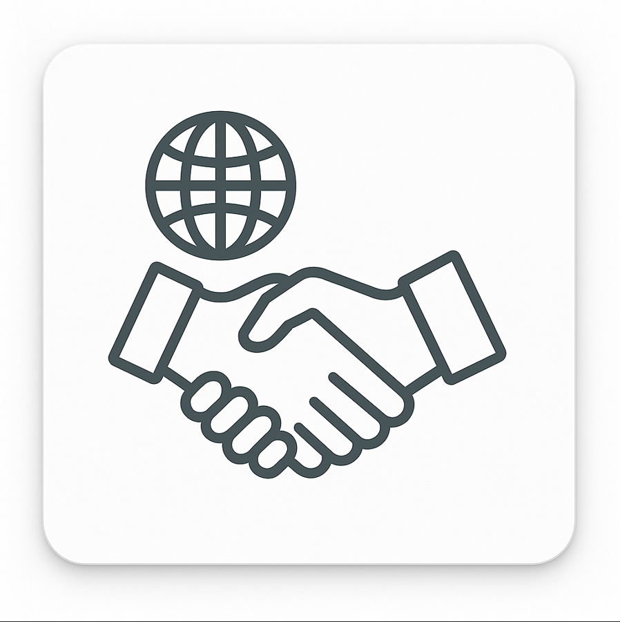 Icon of two hands shaking with a globe above on a white background
