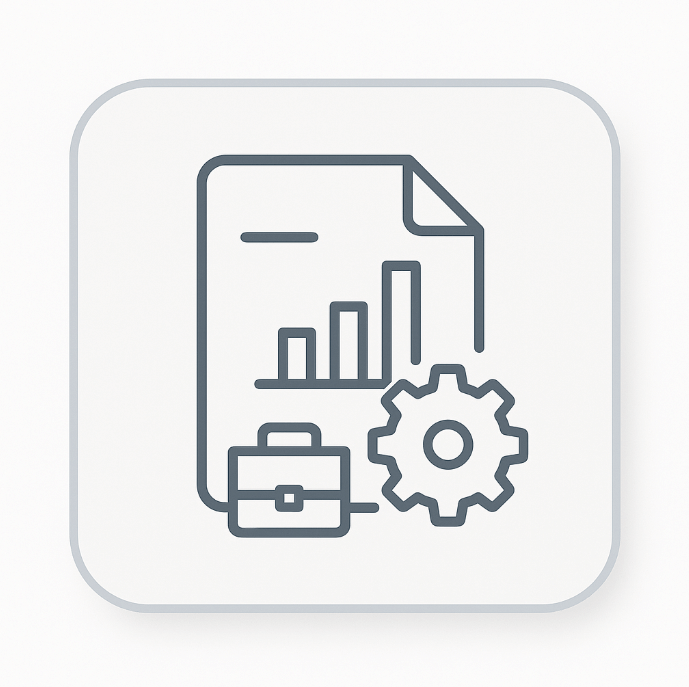 Flat minimalist icon showing a document with a bar chart, gear, and briefcase, symbolising the ACCA qualification’s balance of theoretical study and practical experience for developing skilled finance professionals.