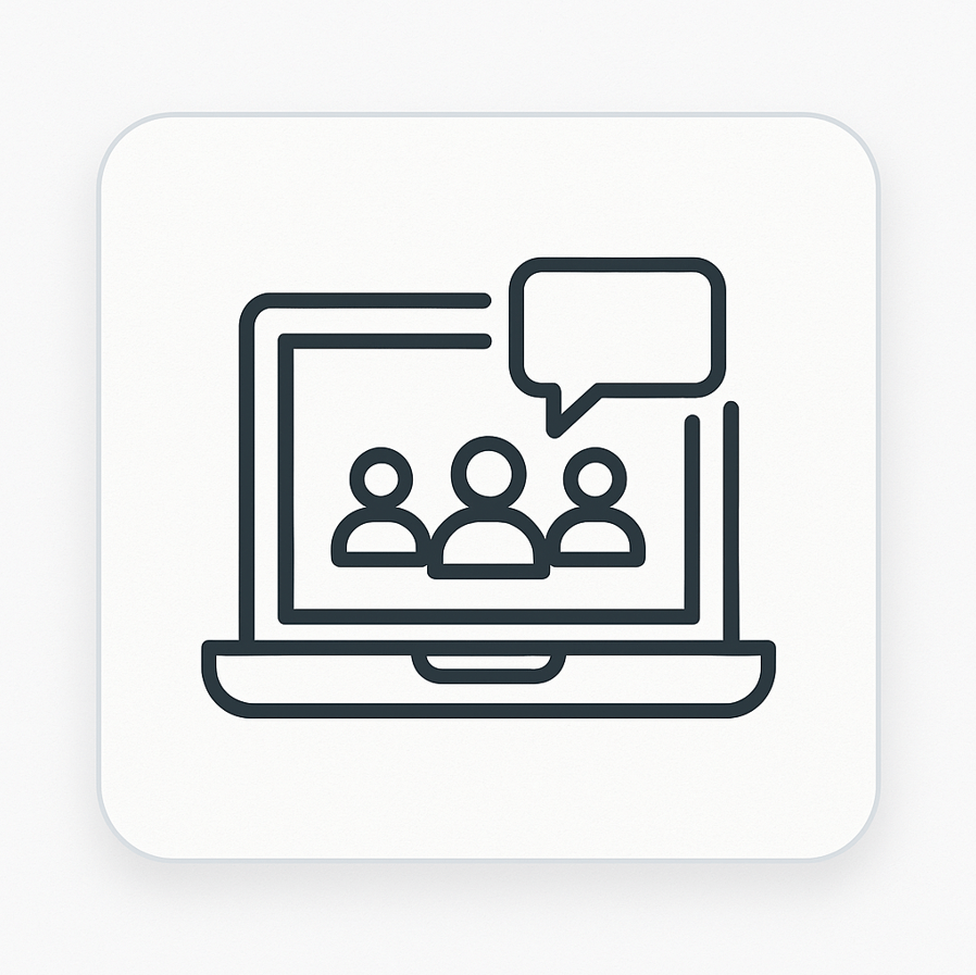 Icon of a laptop with people icons and a speech bubble, symbolizing online communication or video conferencing.
