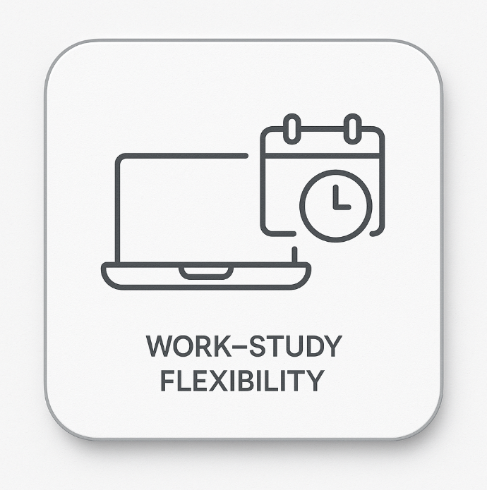Minimalist icon showing a laptop, calendar, and clock — symbolising flexibility, time management, and balance — representing Work–Study Flexibility on ExP’s CMA courses page.
