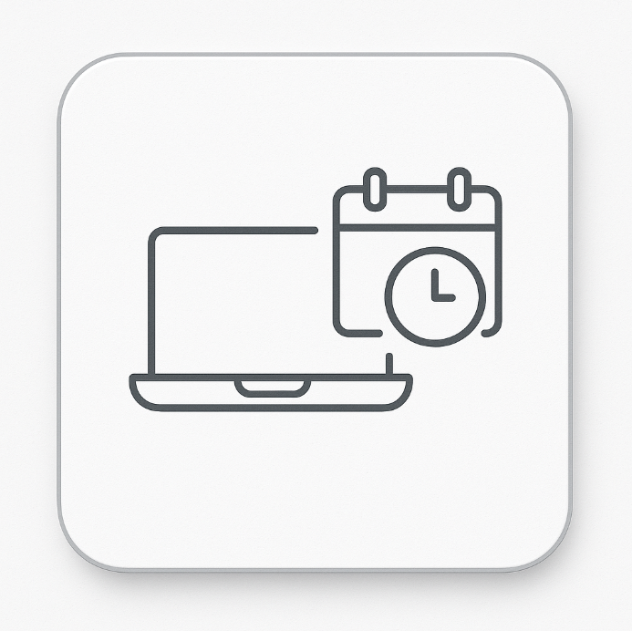 Minimalist icon showing a laptop, calendar, and clock — symbolising flexibility, time management, and balance — representing Work–Study Flexibility on ExP’s CMA courses page.