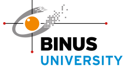BINUS University logo with a stylized 'B' and orange circle on a white background