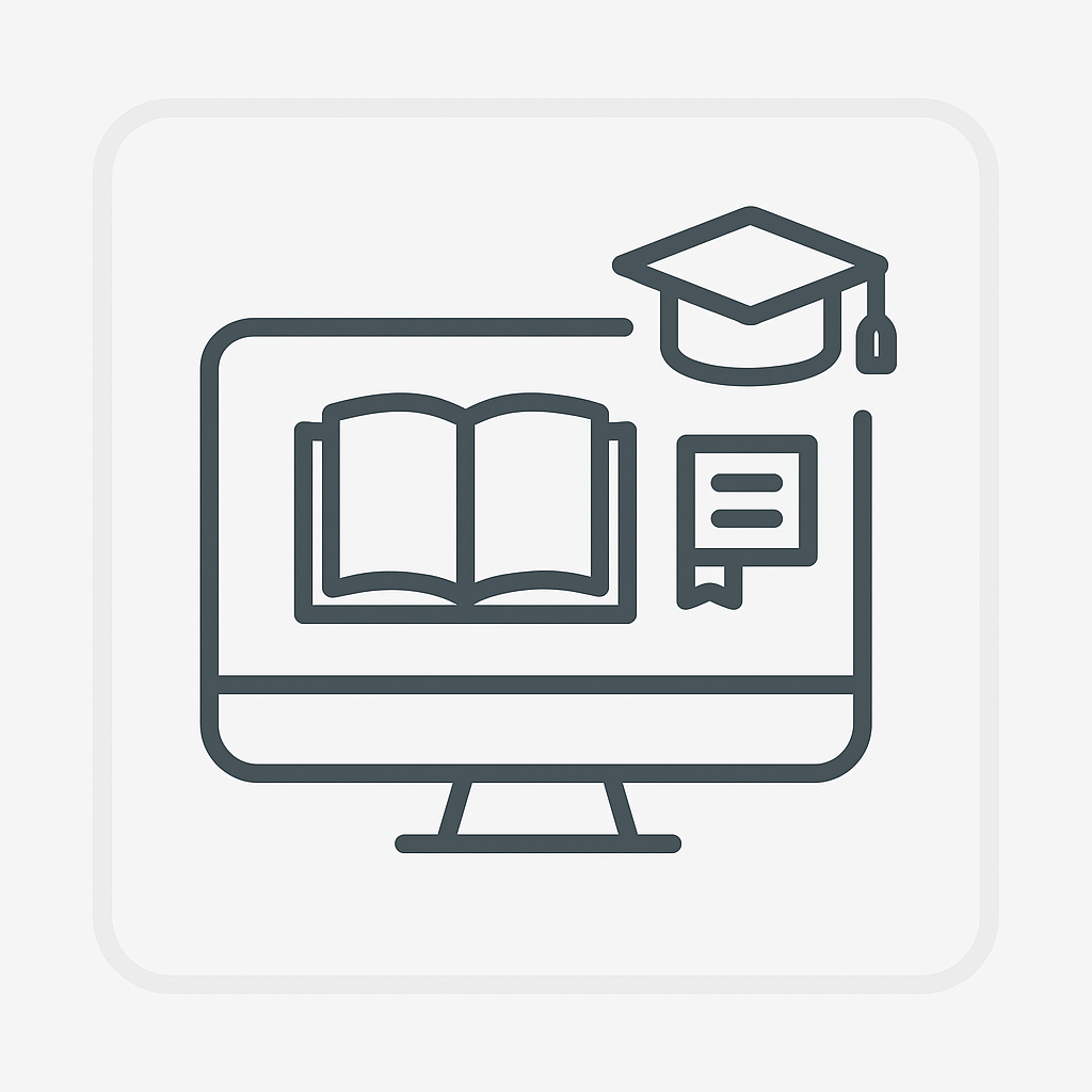 Icon of a computer monitor with an open book, graduation cap, and diploma on a light gray background