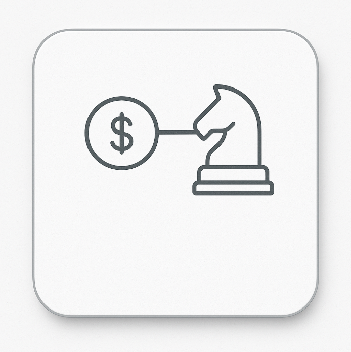 Minimalist icon showing a chess knight connected to a dollar symbol — representing strategic thinking, financial insight, and business performance — illustrating Strategic Impact on ExP’s CMA courses page.